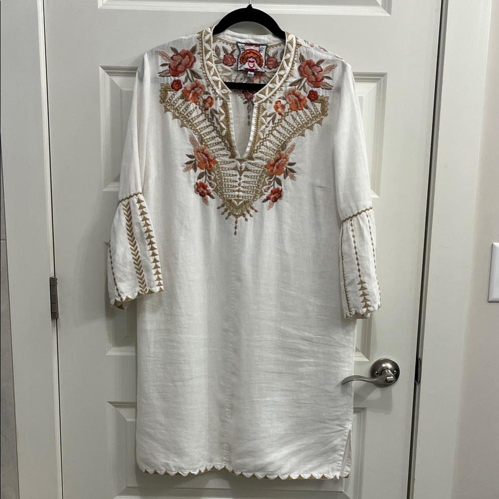 Johnny Was White Tunic with Pink and Gold Floral Embroidery